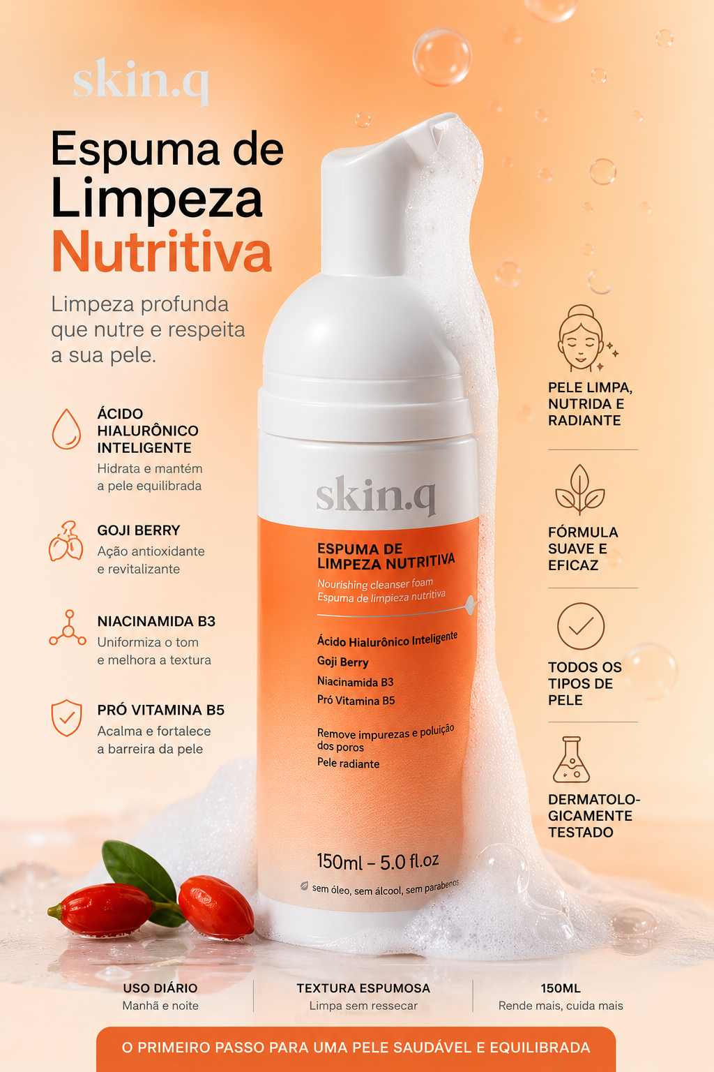 Espuma Limpeza Facial Nutritiva Skin.q, 150ml